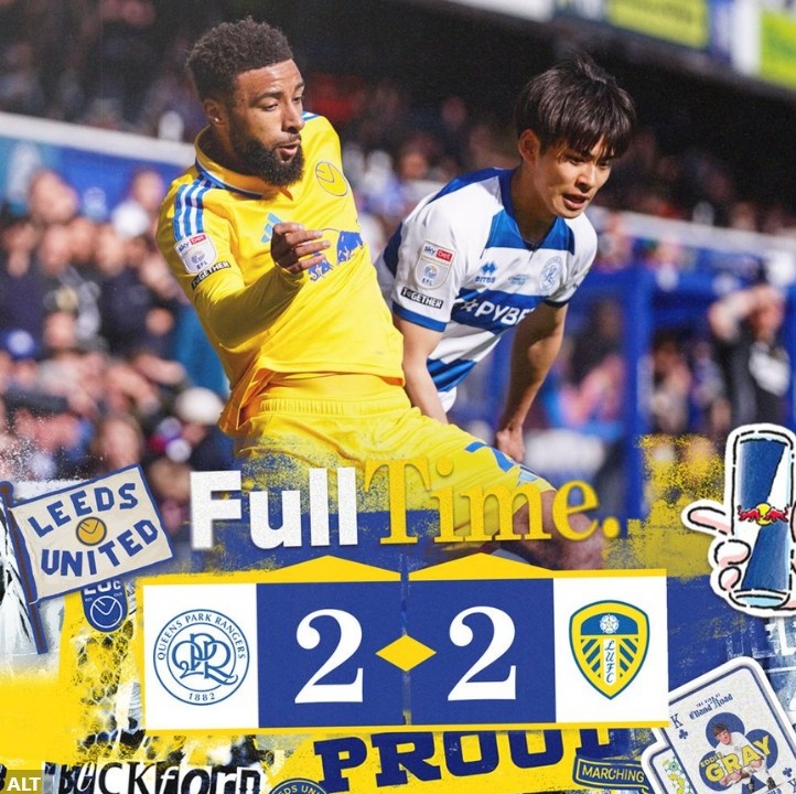 英冠榜首利茲聯連追兩球2-2戰平QPR,近4輪僅1勝領先優勢縮小